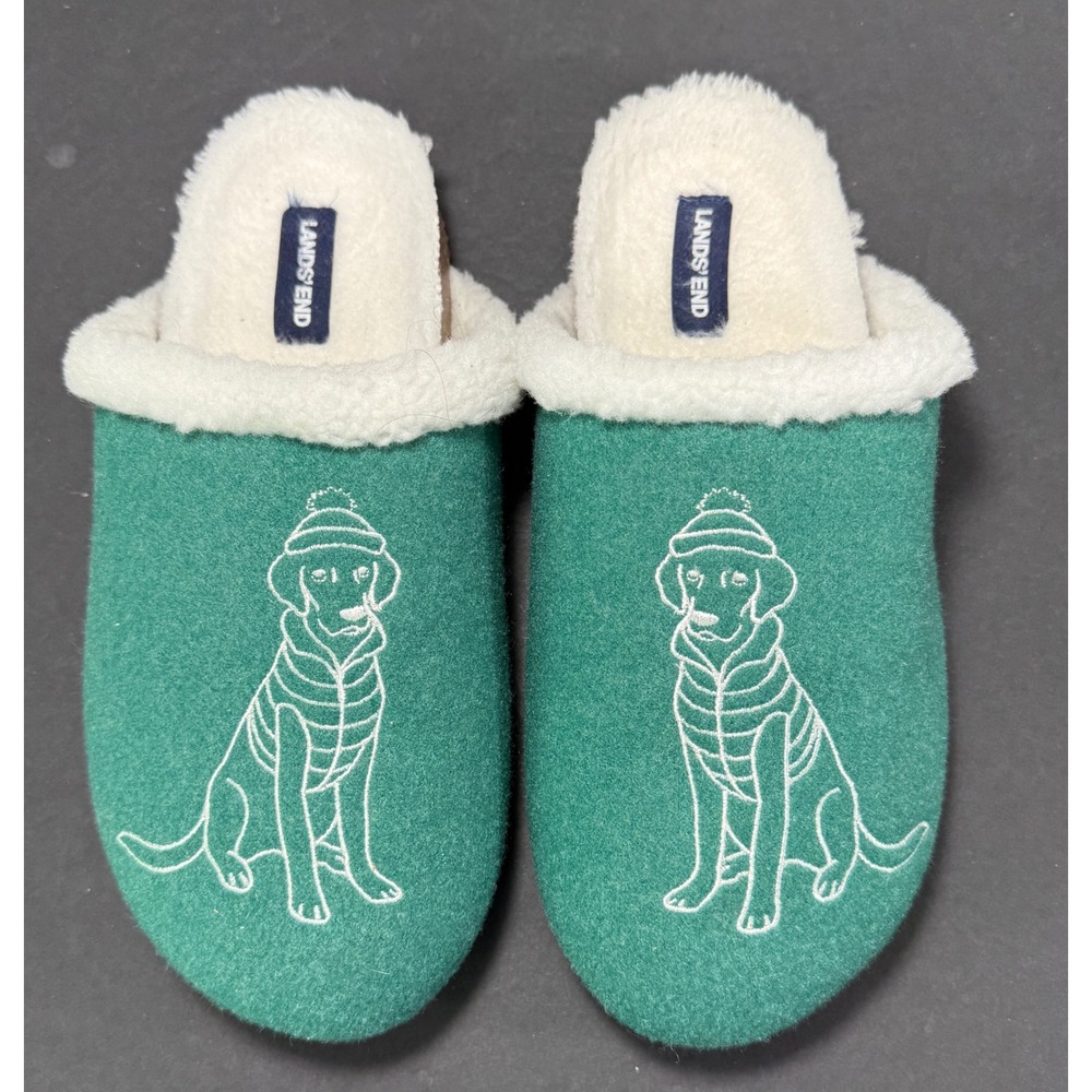 Lands' End Felt Scuff Slippers Womens 8 Green Dog Embroidery Faux Fur Clogs - Picture 6 of 9